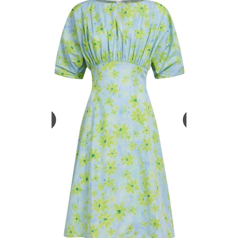 Marni Parade Popeline gathered floral-print cotton dress in Aquamarine NWT Size